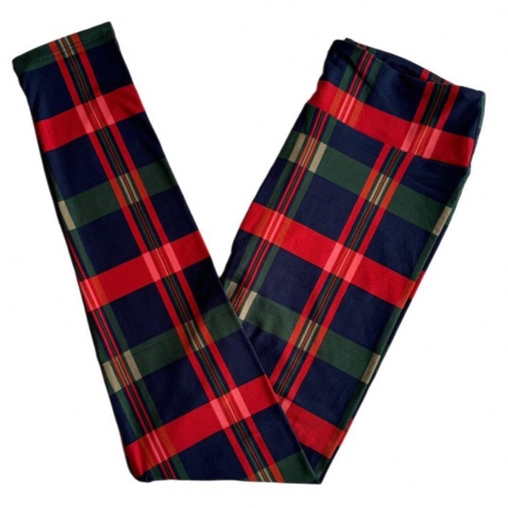 LuLaRoe Womens Leggings Size TC2 Blue Red Plaid Holiday Christmas Plus 18+ NWT
